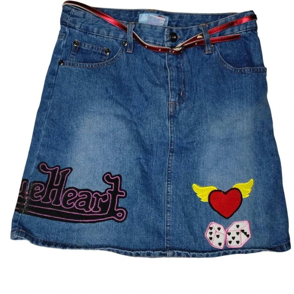 Blue Heart Jeans Denim Mini Skirt Y2K Heart Dice Painted Patches Womens  Size 16